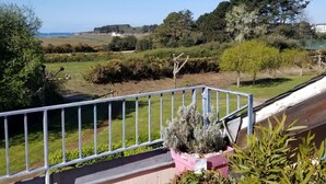 Un balcon doté d’une balustrade en métal, donnant sur un jardin aménagé avec différents arbustes et offrant une vue sur la mer.
