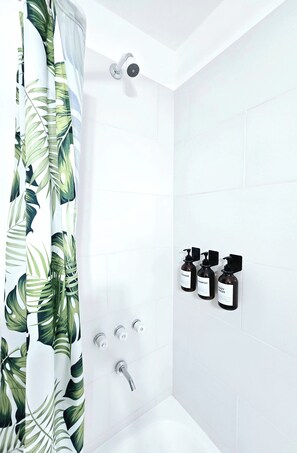 Hair dryer, towels, soap, shampoo