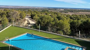 A rectangular swimming pool with a clear blue water surface, surrounded by a green lawn and a metal fence. In the background, there is a view of a coastal landscape with trees and buildings.