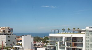 A coastal residential area with modern buildings, including a rooftop terrace with palm trees and a view of the sea.