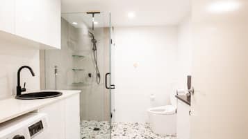 Shower, hair dryer, towels, soap