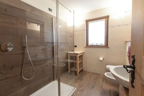 Shower, hair dryer, bidet, towels