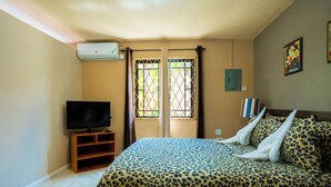 A bedroom with a bed, a television, and a window with curtains. - Cozy 1-bedroom apartment in charming Mandeville with WiFi, AC (Mandeville)