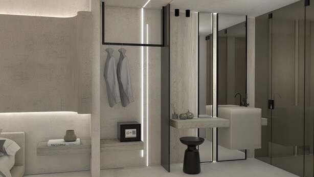 A modern bathroom with a large mirror, a built-in sink, and a minimalist design. - ASTARTE City Suite (Heraklion)