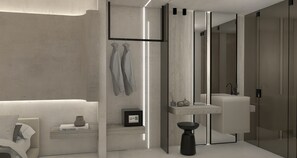 Un bagno moderno con un ampio specchio, un lavabo integrato e un design minimalista.