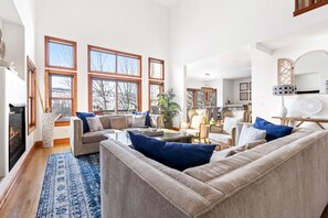 TV connectée, cheminée, livres, espaces bureaux