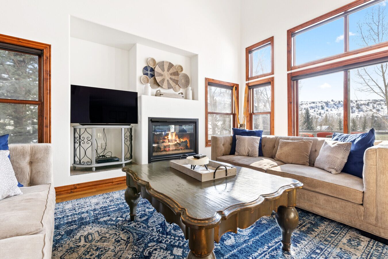 Smart TV, fireplace, books, offices