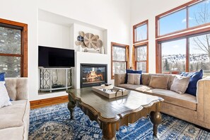 Una Smart TV, una chimenea, libros, una oficina