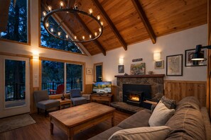 Smart TV, chimenea, reproductor de DVD y libros 