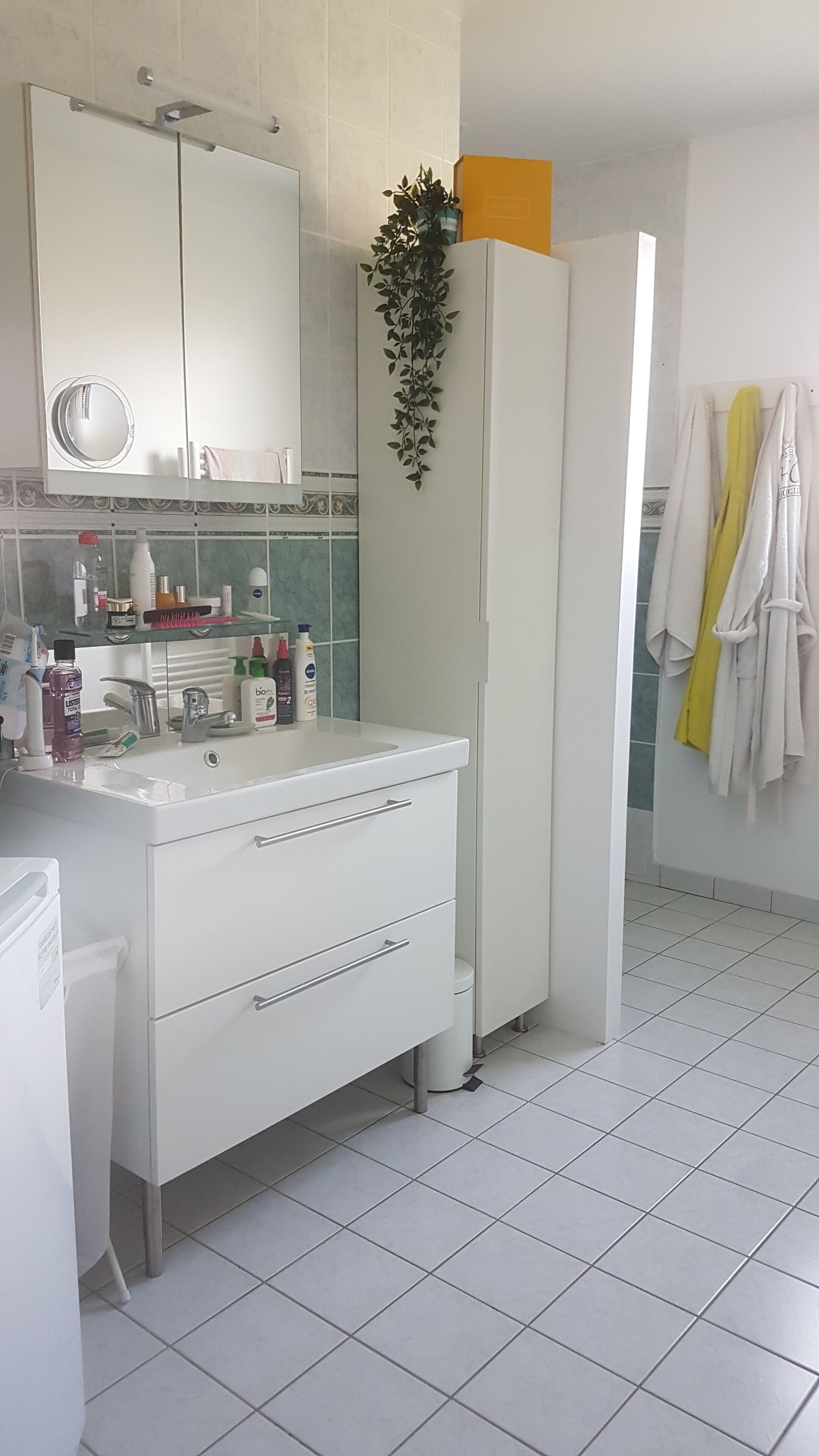 A modern bathroom with a white vanity, a mirror, and a sink. There are toiletries on the counter, and a plant is placed on top of the cabinet.