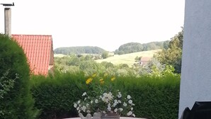 A patio with a round table covered in a pink tablecloth, two chairs, and a potted plant with white and yellow flowers. - Cozy, bright apartment in a very quiet location (Detmold)