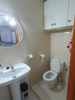 Secador de pelo, bidet, jabón, papel higiénico
