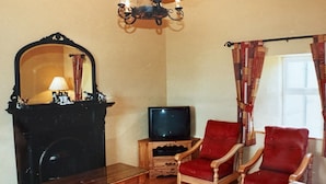 Una sala de estar con piso de madera, un televisor sobre un mueble de madera, un sillón rojo, una mesa de madera, una chimenea negra y un espejo.