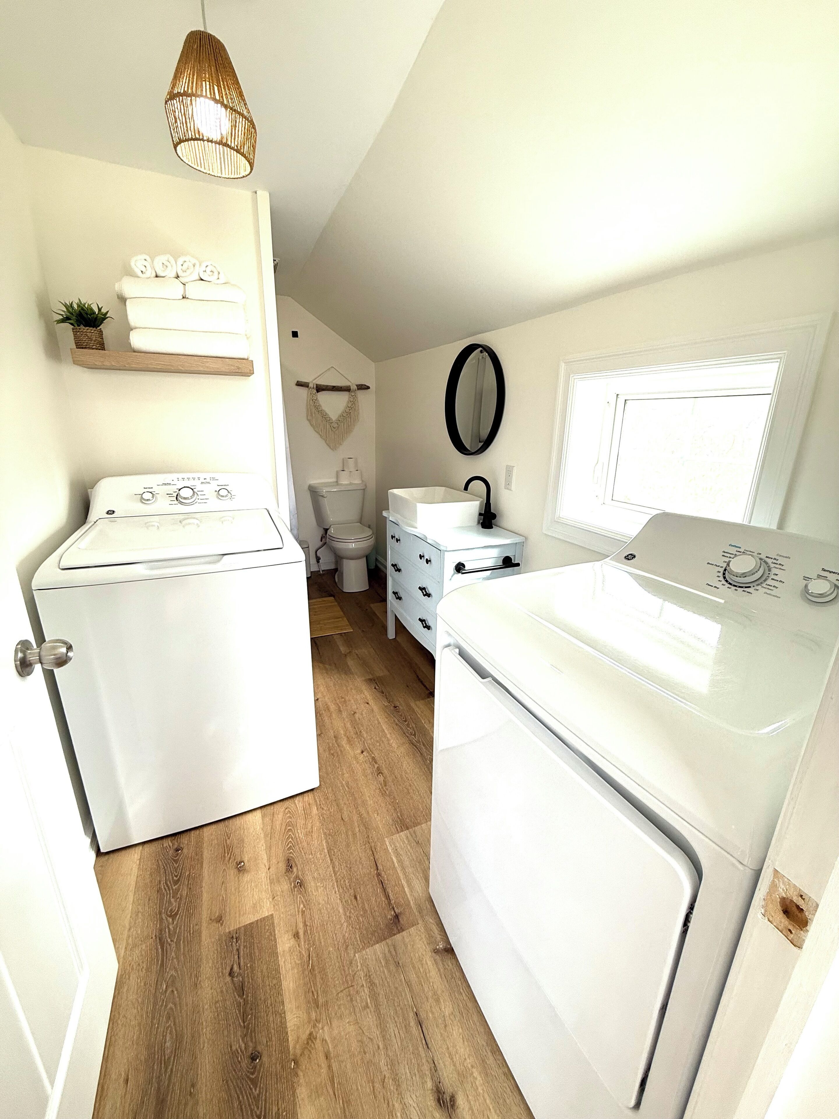 Hair dryer, towels, soap, shampoo