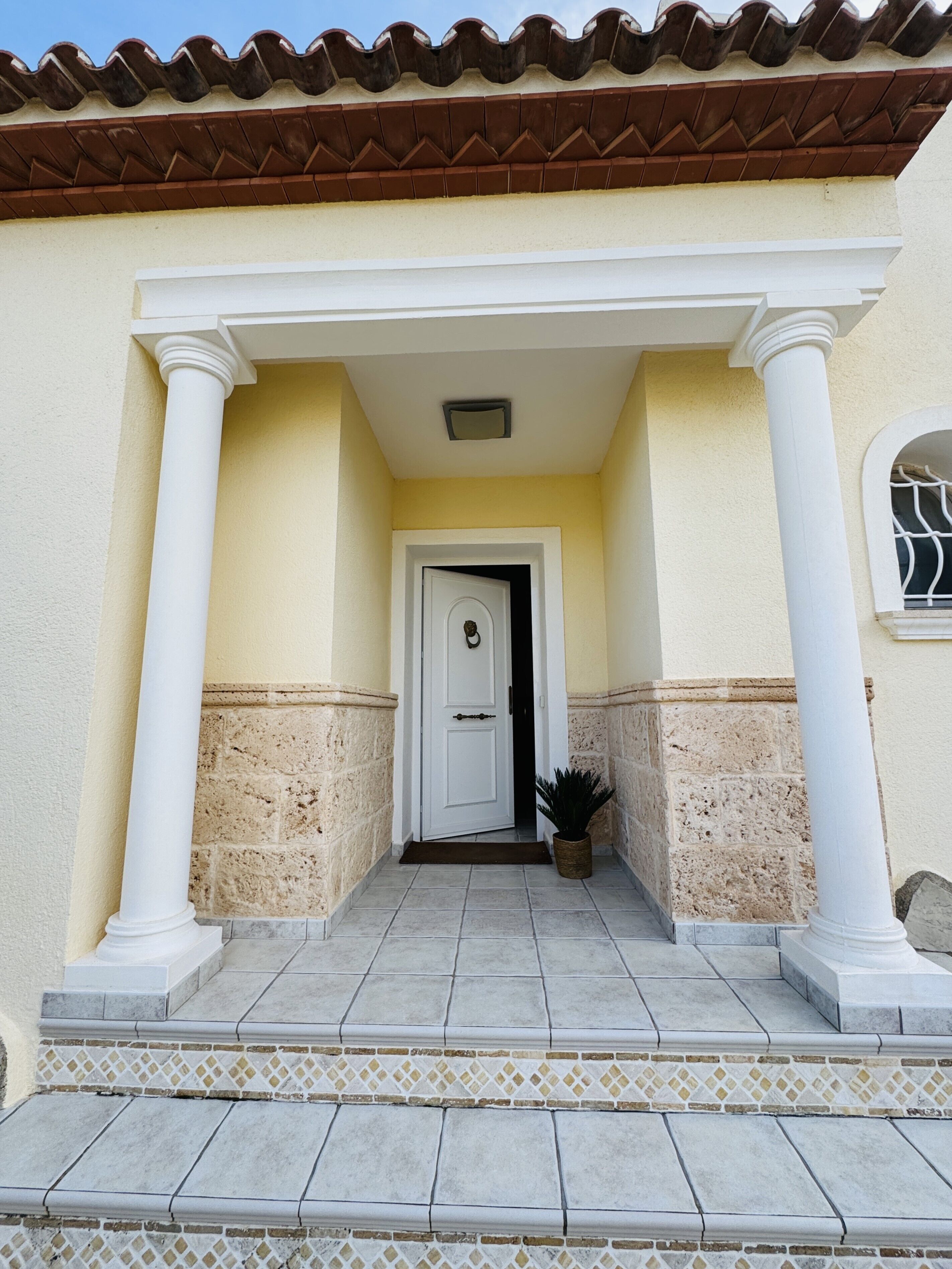 A building entrance with a tiled porch, a white door, and a potted plant.