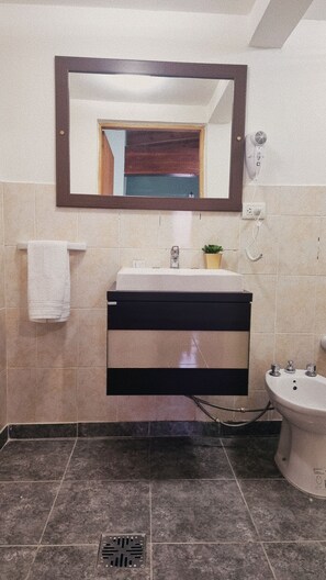 A bathroom with a sink, mirror, towel rack, and a bidet.