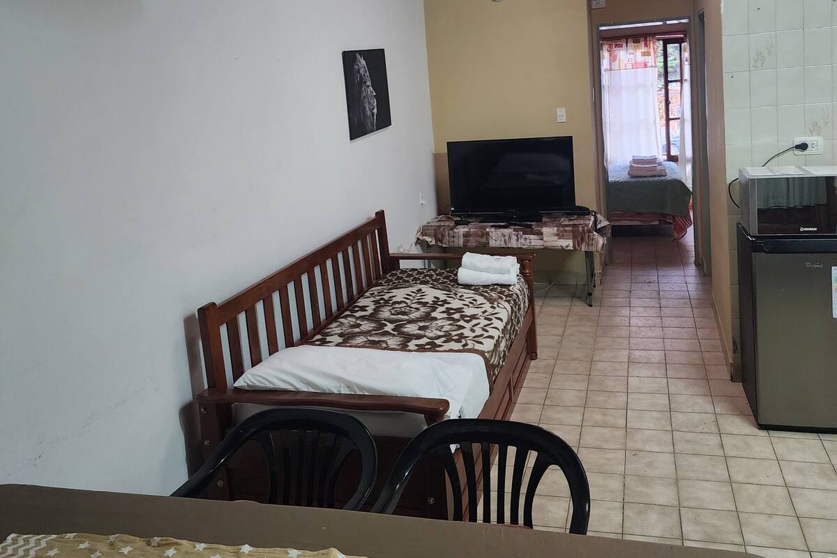 Una habitación pequeña y acogedora con cama, televisor, mesa y refrigerador.