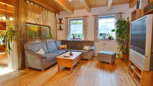 Ein gemütliches Wohnzimmer mit grauem Sofa, einem Holztisch und einem Fernseher auf einem Holzbodenständer. Es gibt Fenster mit Vorhängen, einen Blumentopf und eine Holzbalkendecke.