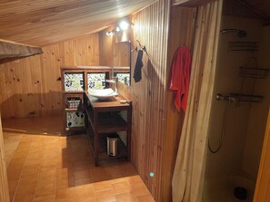 Shower, eco-friendly toiletries, hair dryer, towels