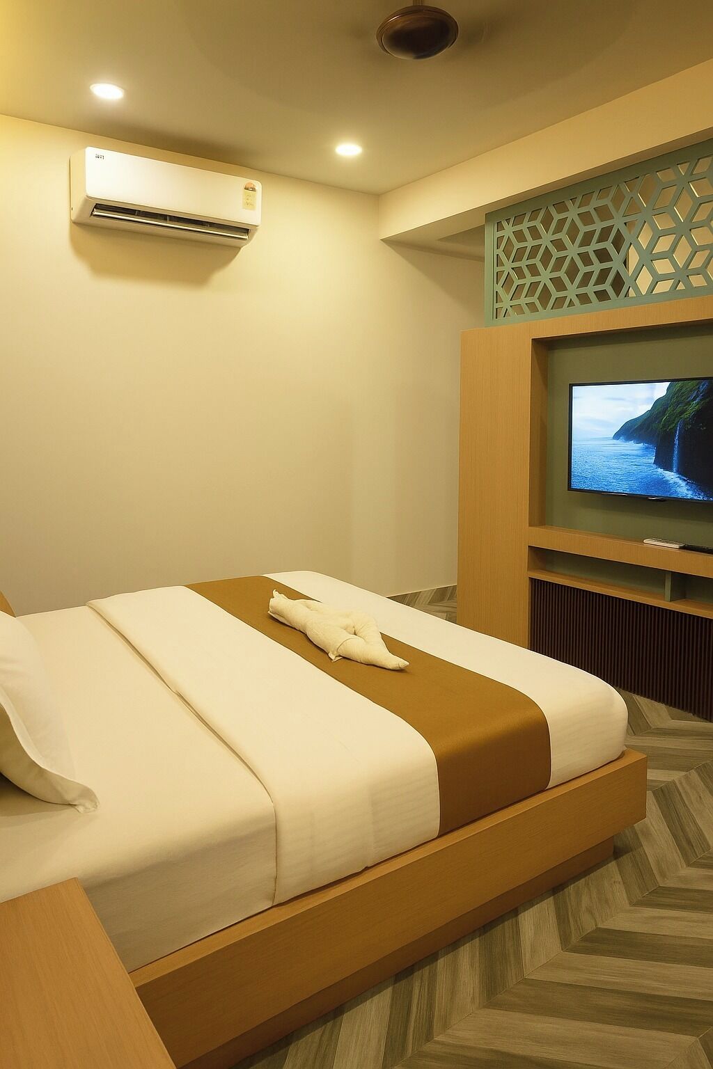 Una habitación de hotel con cama, aire acondicionado, televisión y un separador decorativo.