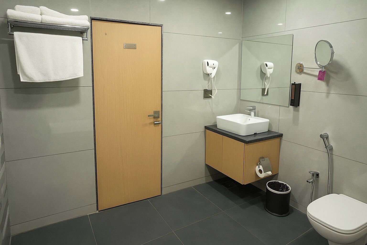 A modern bathroom with a wooden door, a white sink, a toilet, a trash bin, and two hand dryers.