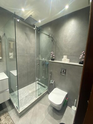 Dusj, hårføner, håndklær og toalettpapir