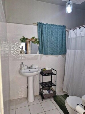Hair dryer, towels, soap, shampoo