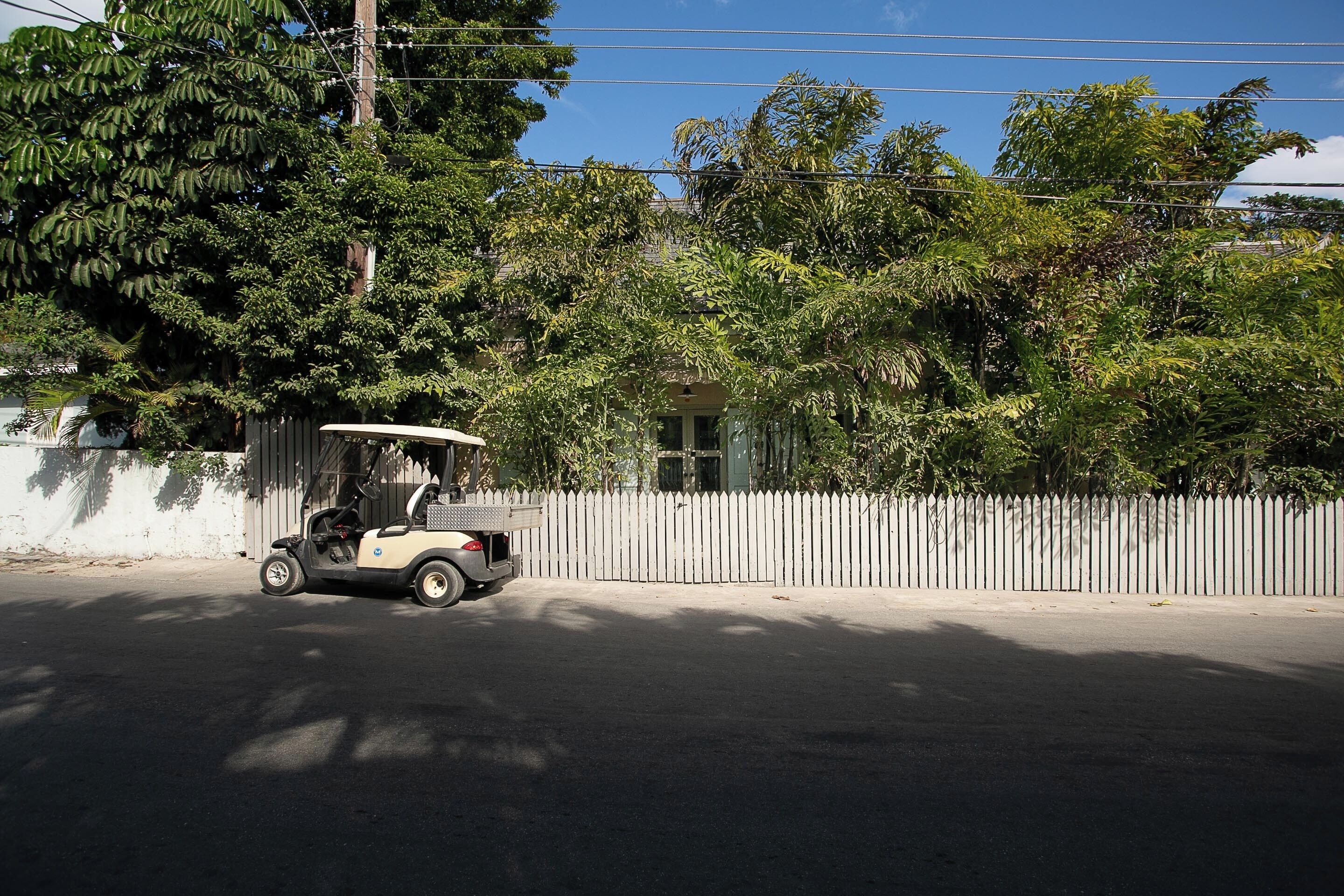 Un carrito de golf estacionado en una calle con una cerca blanca y árboles al fondo.