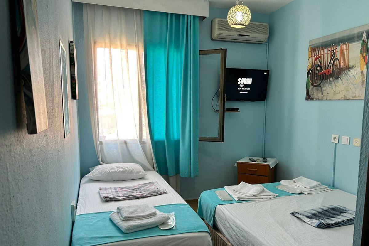 Una habitación de hotel con dos camas, un televisor, aire acondicionado y un cuadro en la pared.