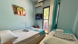 Habitació amb dos llits individuals, una televisió, un quadre i una finestra amb cortines.