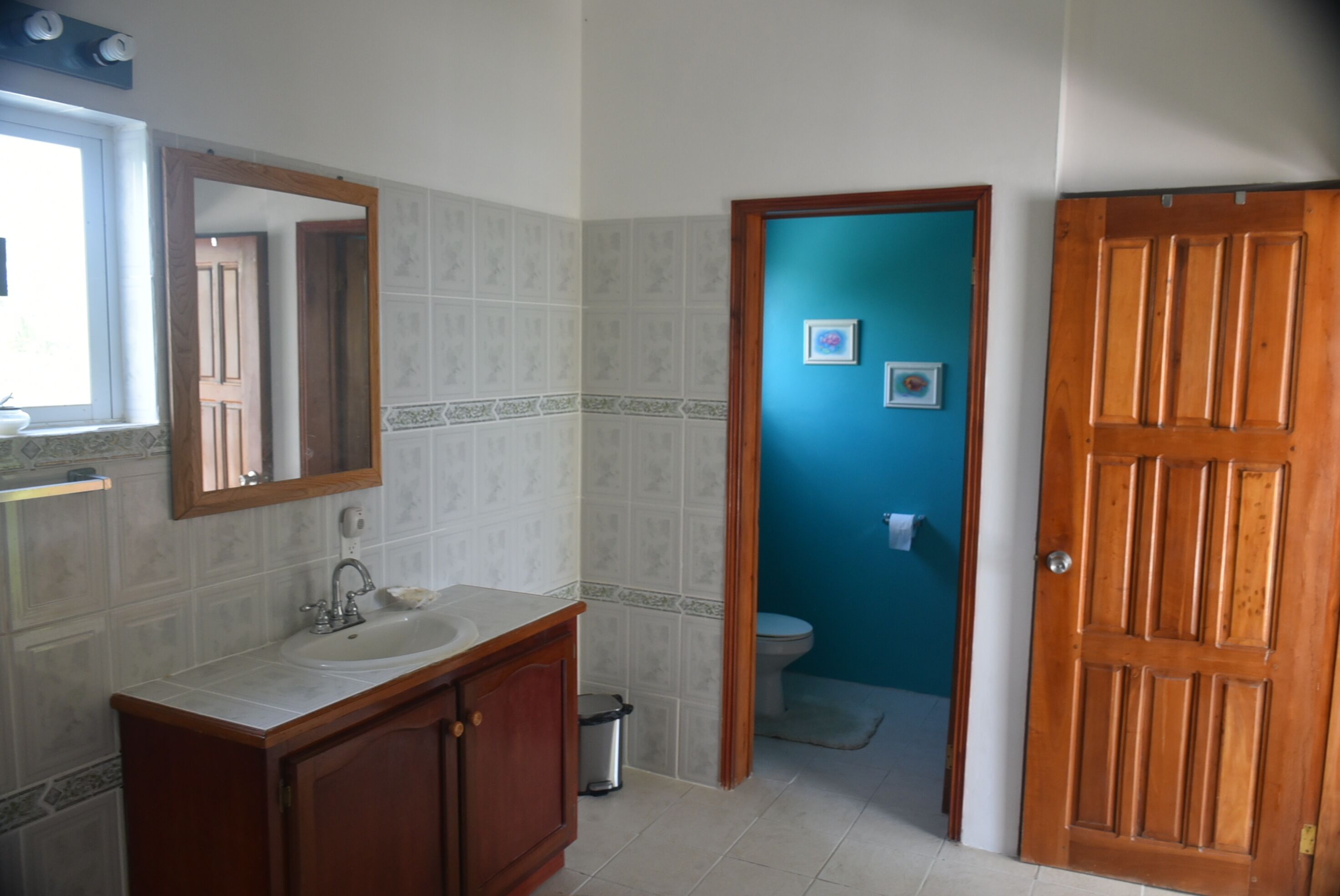 Une salle de bain avec un lavabo, un miroir et des toilettes.