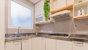 Una cocina con ventana, pileta de acero inoxidable, alacenas, estufa y una planta colgante.