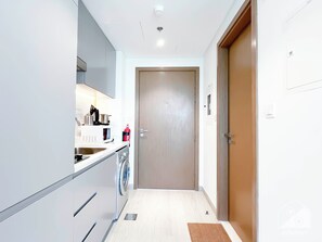 Fridge, microwave, coffee/tea maker, toaster