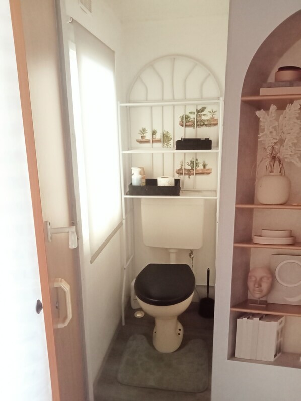 A compact bathroom with a toilet, shelves with plants, and a small storage area.