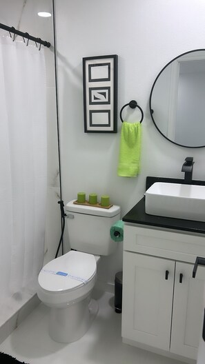 Sèche-cheveux, serviettes fournies, savon, papier toilette