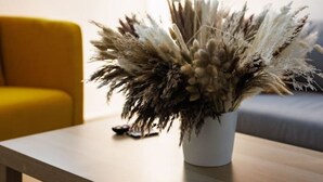 Ein modernes Wohnzimmer mit einem gelben Sofa, einem weißen Couchtisch und einer Zimmerpflanze im weißen Topf.
