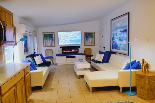 Modern living space with large TV and fireplace. Couch converst to Full Size bed