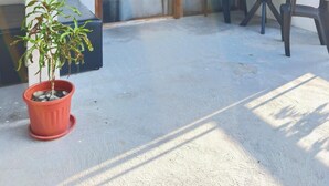 A covered outdoor area with a sliding glass door, a small table, two chairs, and a potted plant. - AHI Maldives (Omadhoo)