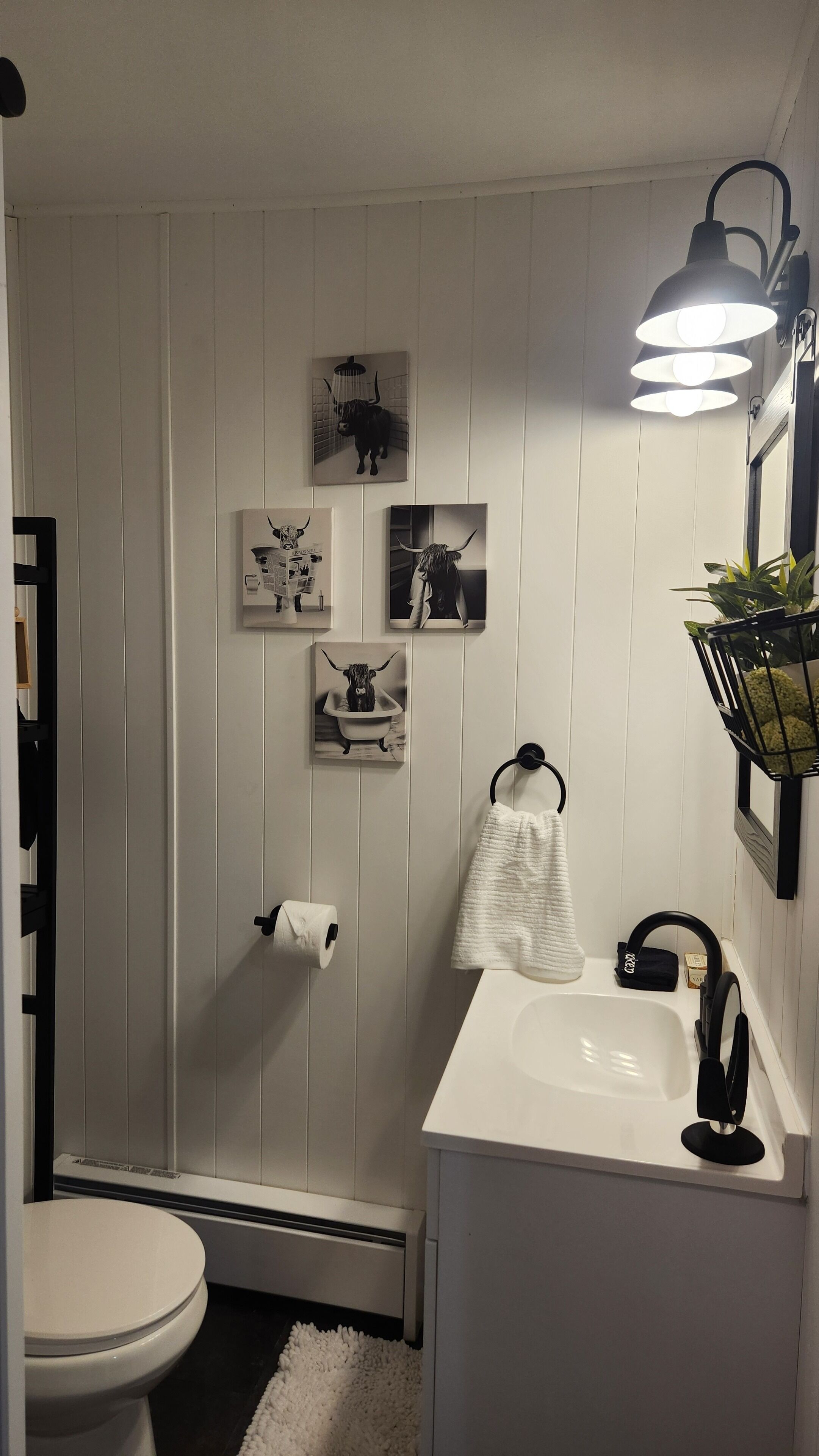 Une salle de bain avec des toilettes, un lavabo et un porte-serviettes. On y trouve des tableaux accrochés au mur et un luminaire suspendu.