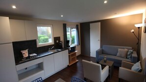 A modern kitchen with white cabinets, a black countertop, and a window. There is a dining area with a wooden table and blue chairs. A gray sofa and a floor lamp are in the living area. - Detached Chalet for 5 People in Terwolde (Terwolde)