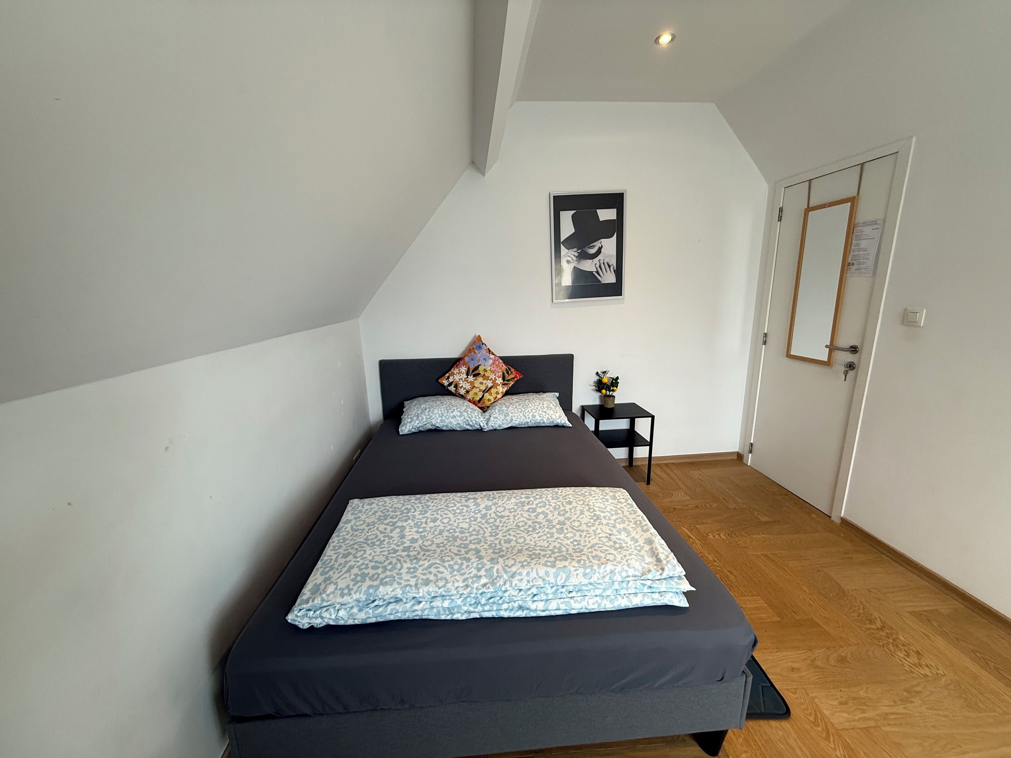 Quarto com cama, uma pequena mesa de cabeceira, um quadro na parede e uma porta com espelho.