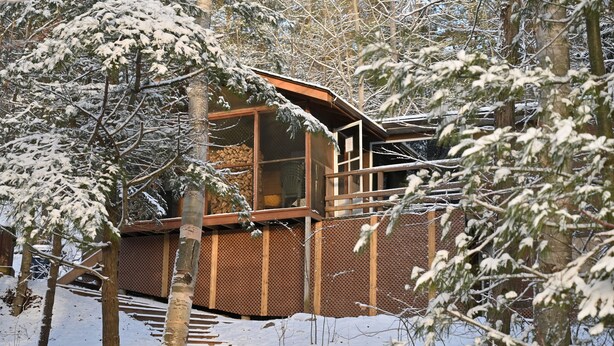A wooden cabin with a large window and a covered porch, surrounded by snow-covered trees. - Family Reunion Cottage - Can sleep 16+  - Includes Motor Boat, Canoe, AC - Wi-Fi (Britt)