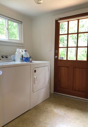 Un espace buanderie comprenant un lave-linge, deux bouteilles de lessive et une porte en bois avec une fenêtre.