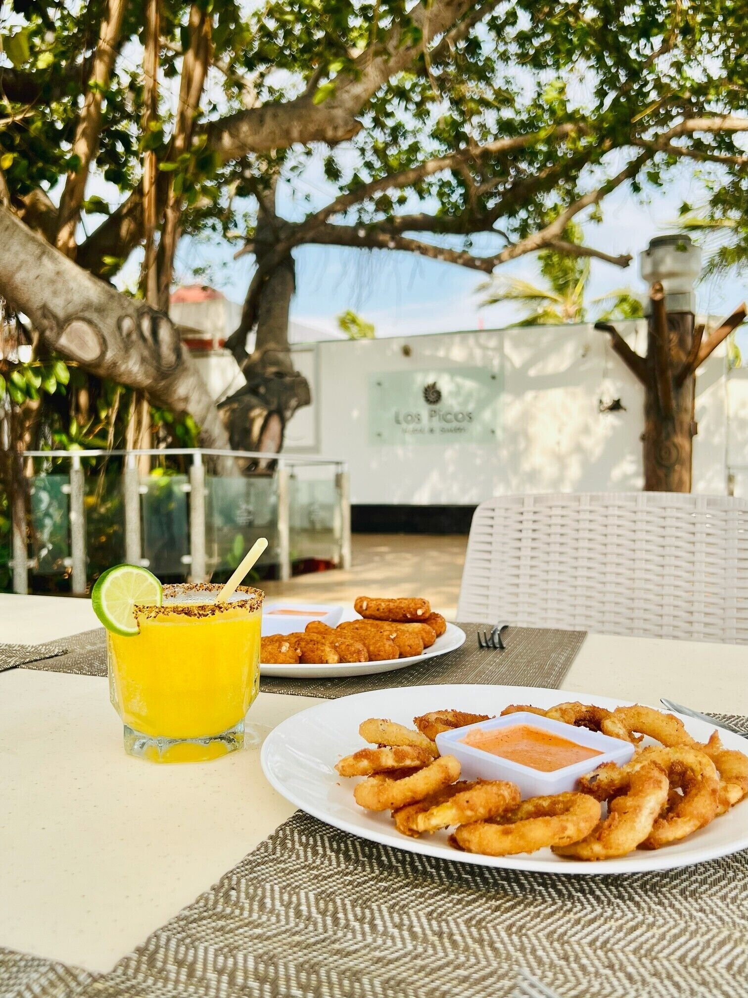 Ein Essbereich im Freien mit einem Tisch für zwei Personen, auf dem Calamari und ein Glas Orangensaft mit Limettenscheibe stehen.
