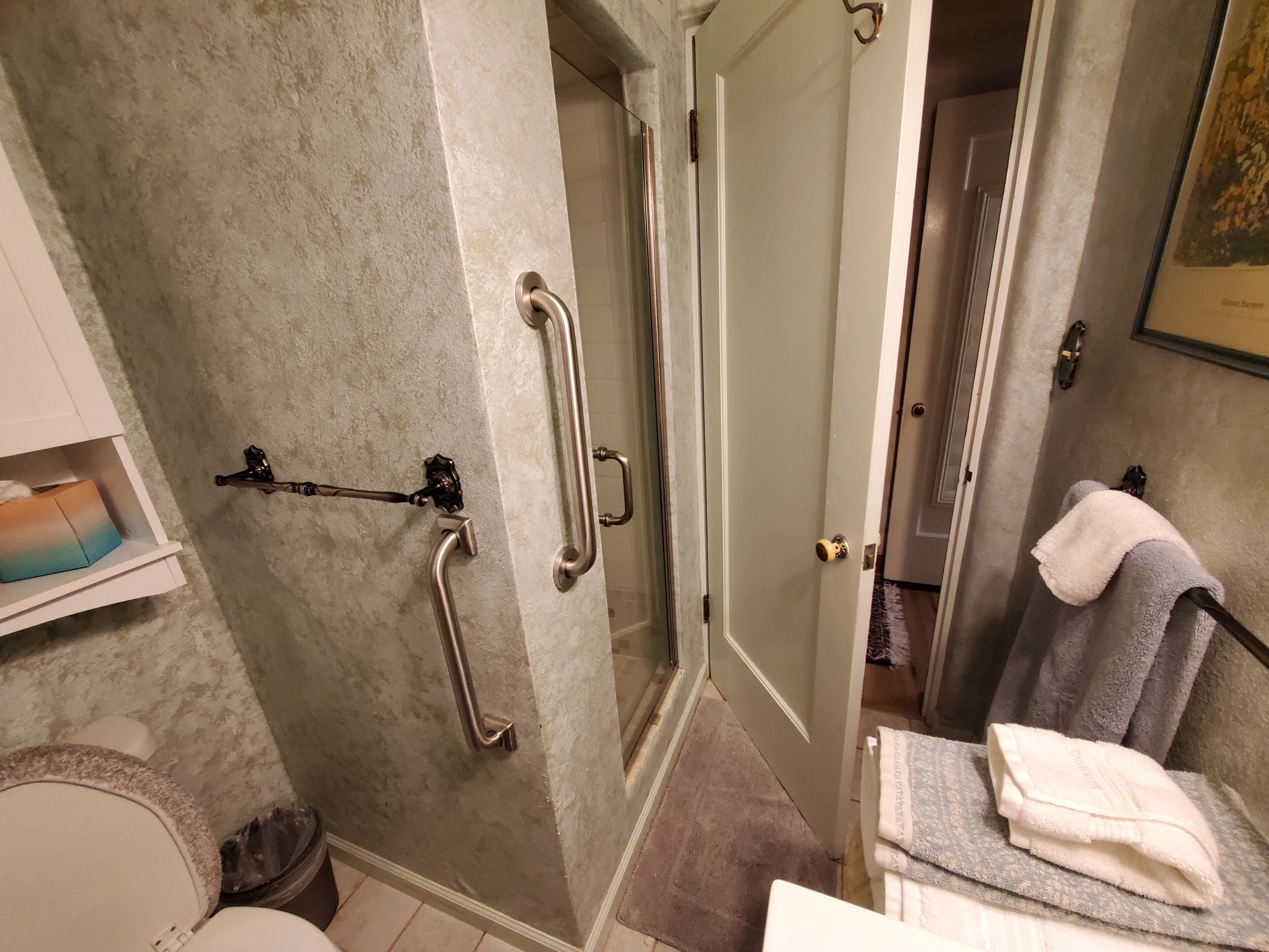 A bathroom with a shower, grab bars, a towel rack, and a toilet.