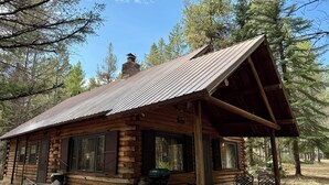 A rustic log cabin with a metal roof, a covered porch, and a grill outside.
