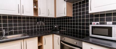 Fridge, microwave, oven, toaster