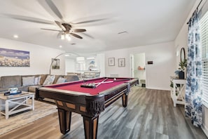 Smart TV, fireplace, table tennis, books