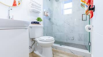 Hair dryer, towels, soap, shampoo