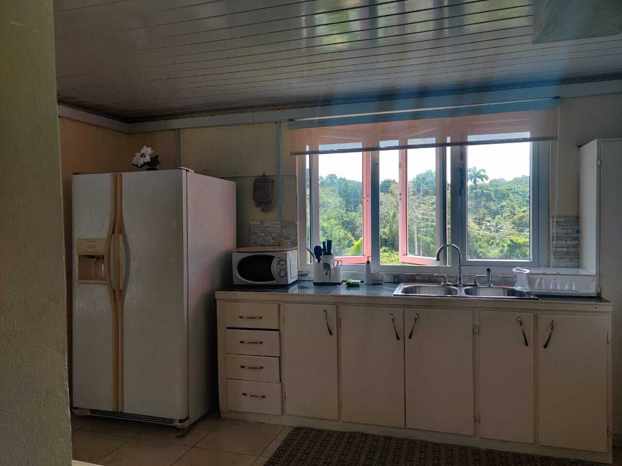 Una cucina con frigorifero, microonde, lavello e pensili.